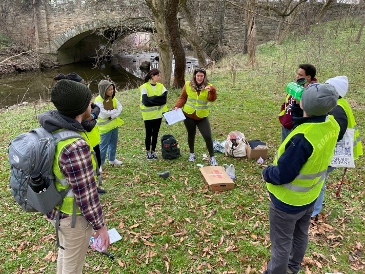 Volunteers conducting a walk audit near tacony creek park.